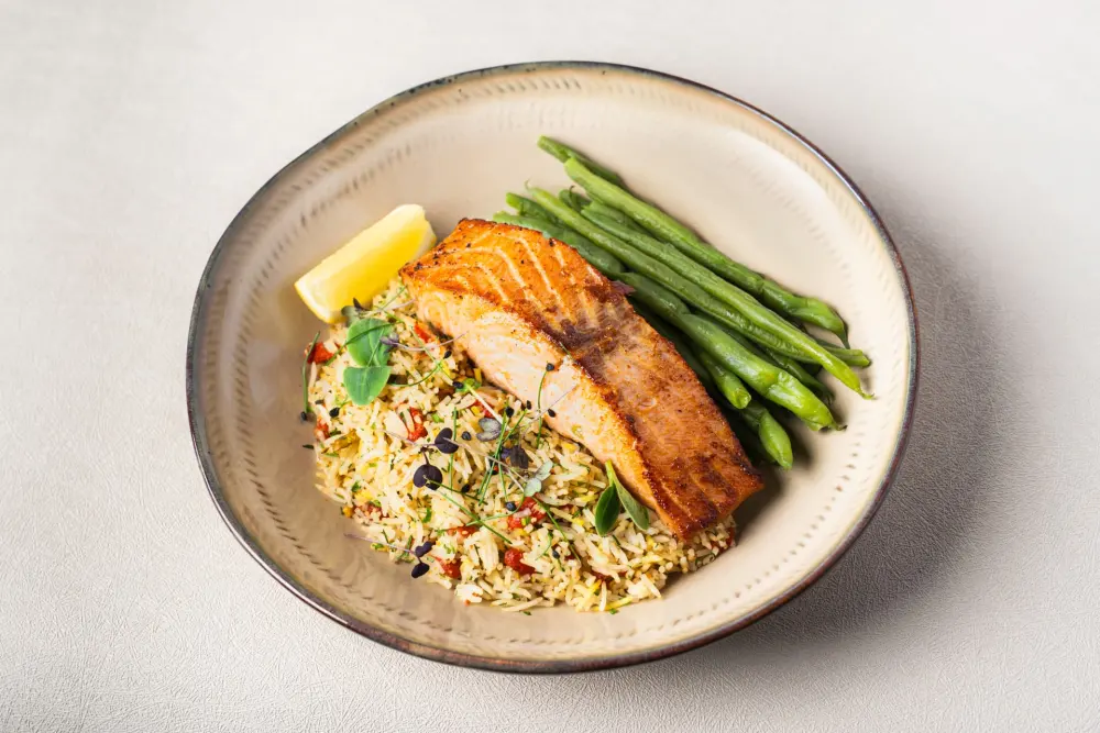 Salmon, herbed rice